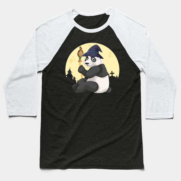 Cute Panda Wearing A Witch Hat Witch Broomstick Panda Lover Baseball T-Shirt by FamiLane